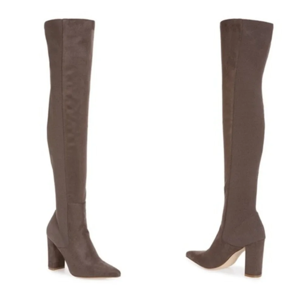 Everley Over‎ The Knee Boots Women 10M Grey Taupe Faux Suede Block Heel Pointed